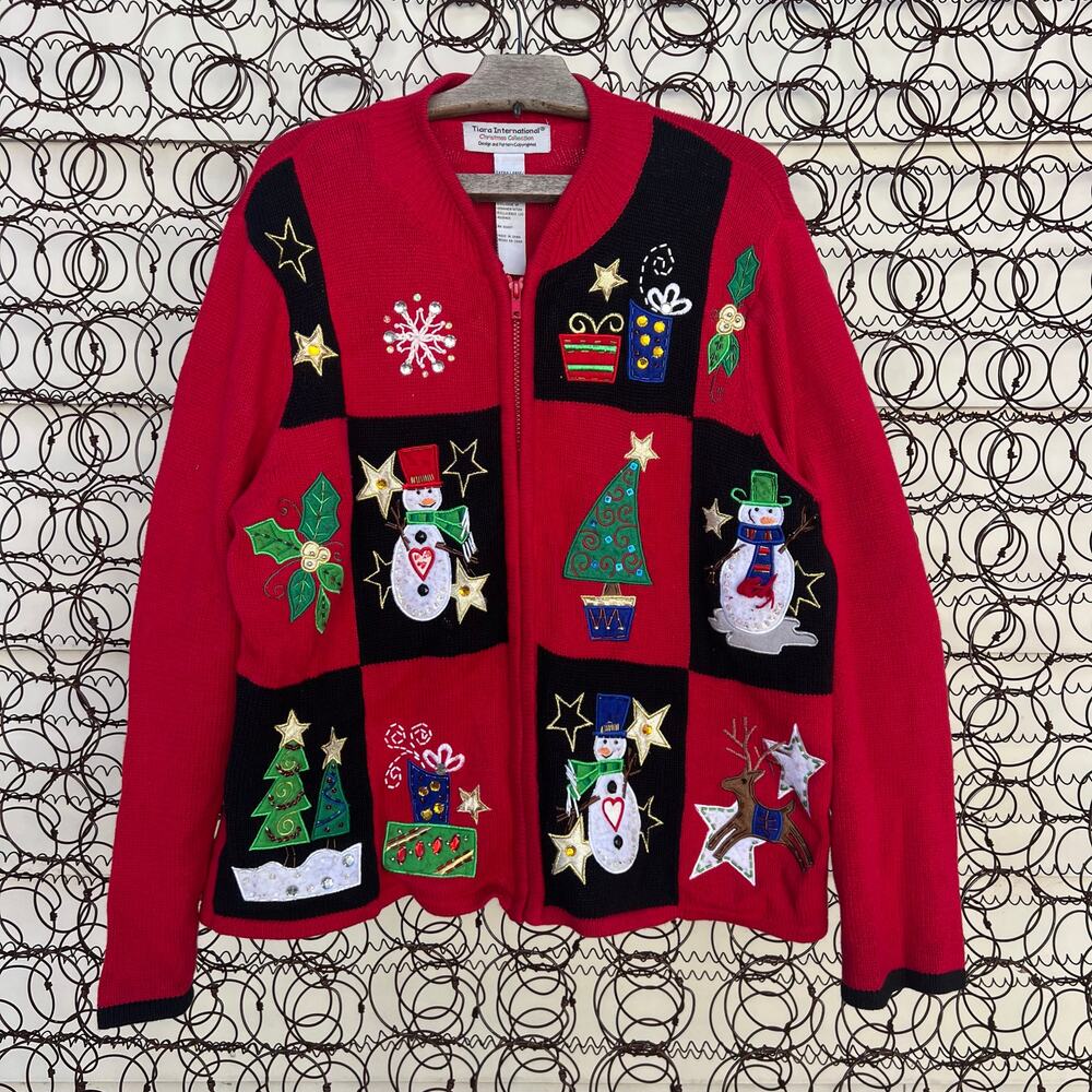 VTG Tiara Christmas Cardigan Snowman Tree Reindeer Presents Sampler Sweater XL